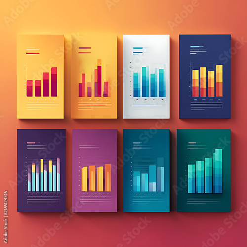 Colorful bar graphs displayed on rectangular cards against an orange backdrop