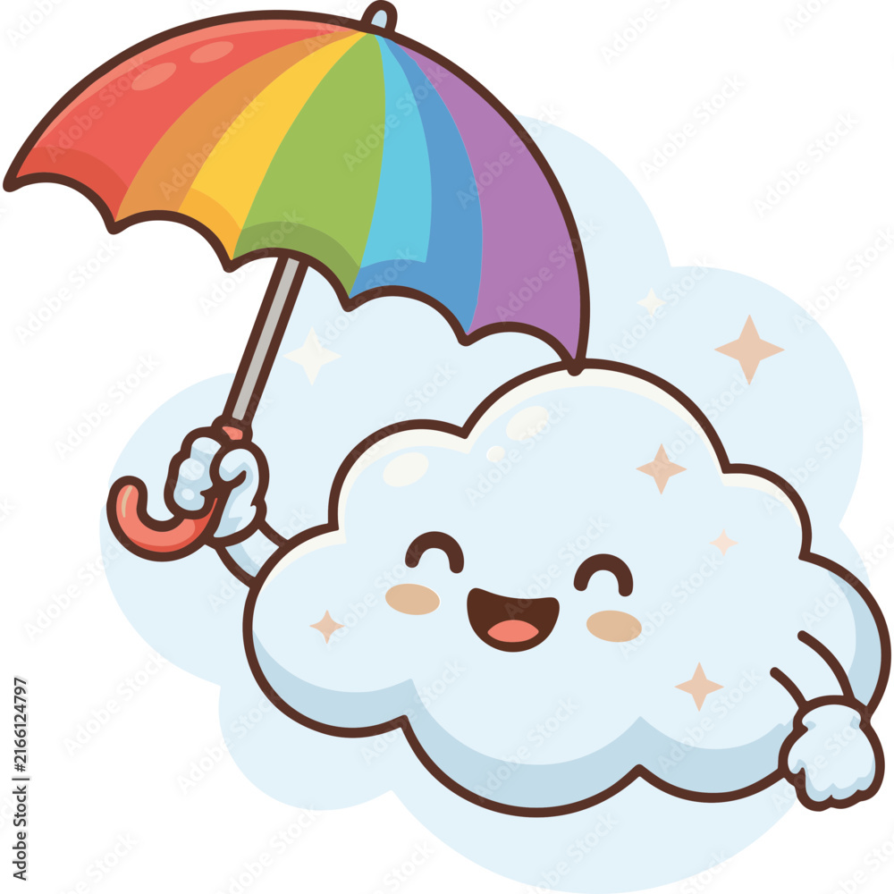 Fototapeta premium Cute Happy Cartoon Cloud Holding a Colorful Rainbow Umbrella on a White Background