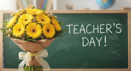 Yellow gerbera daisy bouquet on chalkboard Teachers Day