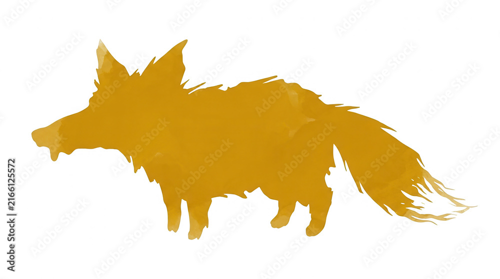 Fototapeta premium Illustration artistique minimaliste d'un renard doré stylisé avec une texture d'aquarelle sur un fond blanc pur, idéal pour des projets de design graphique créatif.