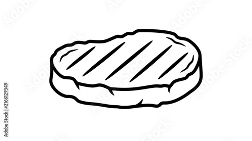 Black and white line art illustration of a delicious grilled steak with grill marks. Perfect for restaurant menus, food icons, and culinary designs