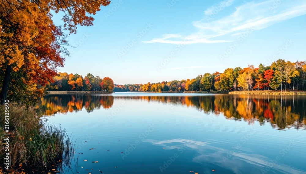 Obraz premium Vibrant Autumn Forest Reflected in a Calm Lake Under a Blue Sky.