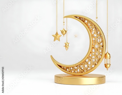 3D golden crescent moon stand with hanging lanterns.