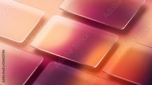 Modern glassmorphism background with floating translucent frosted glass panels over warm sunset grainy gradient