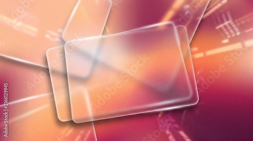 Modern glassmorphism background with floating translucent frosted glass panels over warm sunset grainy gradient