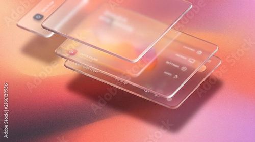 Modern glassmorphism background with floating translucent frosted glass panels over warm sunset grainy gradient