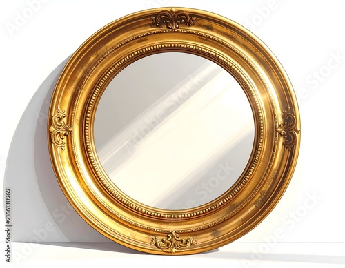 Antique gold circular mirror with glass reflection.