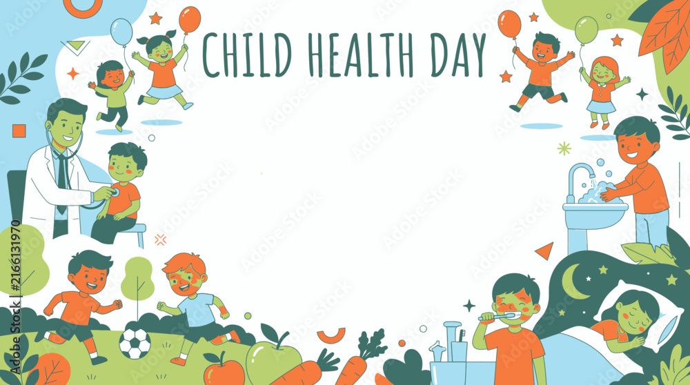 Fototapeta premium Child Health Day celebration illustration with kids playing and doctors examining patients, promoting well-being and healthy lifestyle