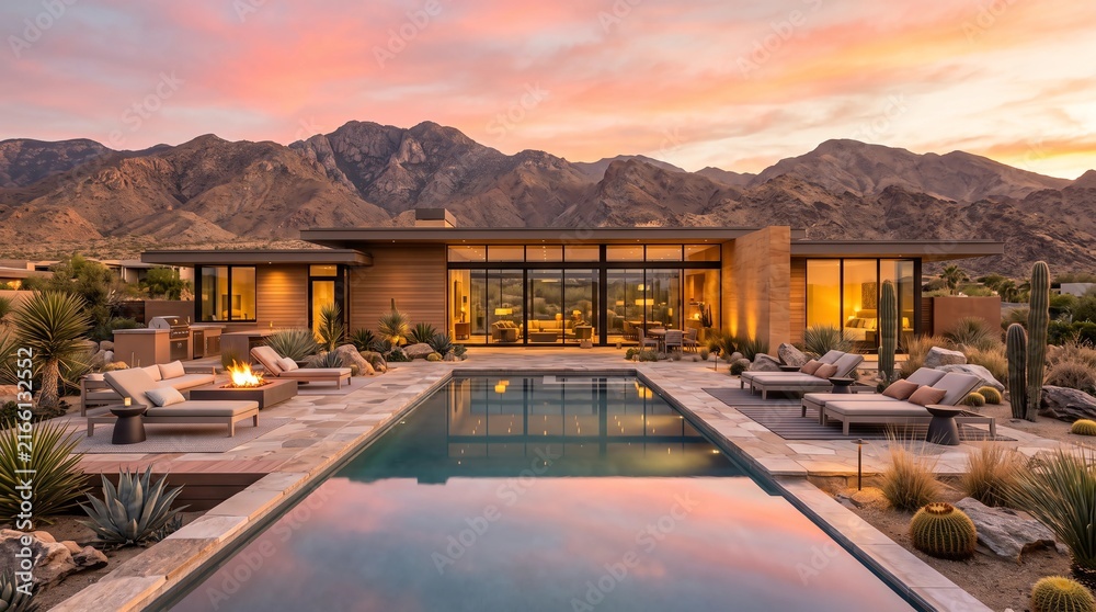 Fototapeta premium A beautiful mid-century architecture desert home exterior at sunset with a pool and mountains