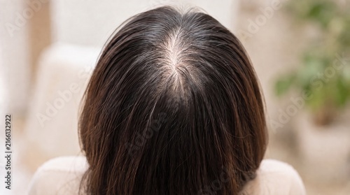 Close up of female crown thinning and visible scalp