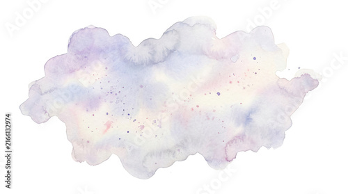 Mancha de aquarela artística em tons suaves de lilás, violeta e rosa com textura delicada e respingos de tinta, isolada em fundo branco para design criativo e projetos gráficos.