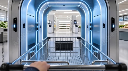 First person view of futuristic shopping cart entering high tech automated grocery store portal with blue neon lights.