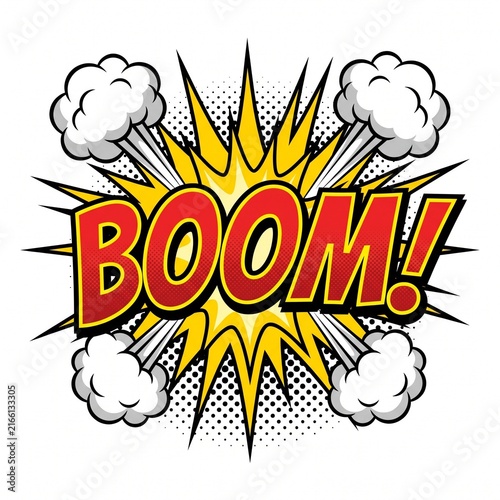 Colorful comic book style explosion graphic with the word boom written in bold red letters on white background