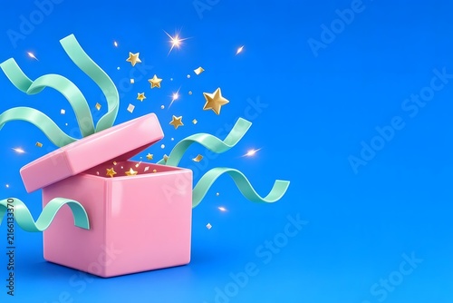 Open pink gift box with flying confetti. Bright 3D render celebration and birthday background.