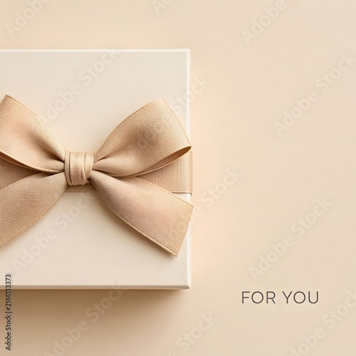 Minimalist gift box with beige satin ribbon bow. Elegant premium greeting card layout.