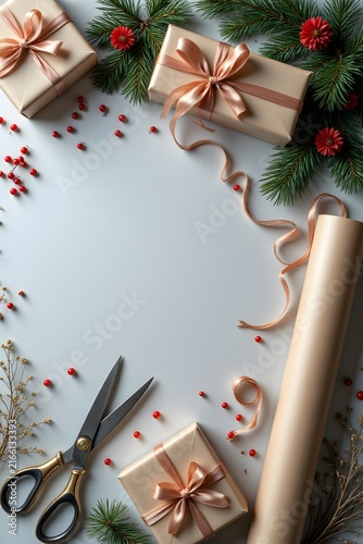 Christmas gift wrapping flat lay. Rustic winter holiday presents with scissors and craft paper.