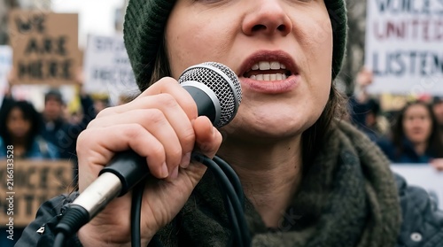 Close Up of Activist Speaking into Microphone at Public Protest
