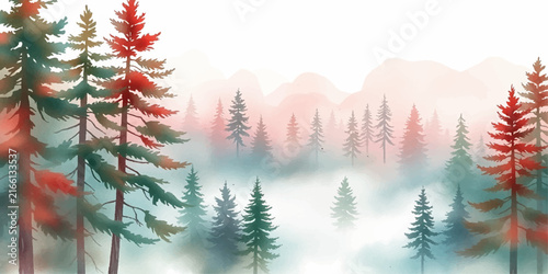 Snow Covered Christmas Tree Branches in a Winter Forest Landscape with Frosty Pine Trees, White Snow and Cold Seasonal Holiday Nature Scene