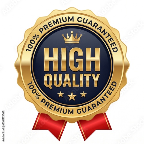 Gold and blue high quality premium guaranteed badge with a crown and red ribbons isolated on white