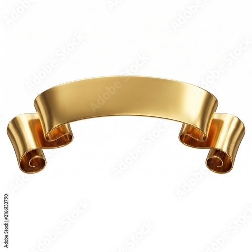 A blank golden scroll banner isolated on white background for design and text placement