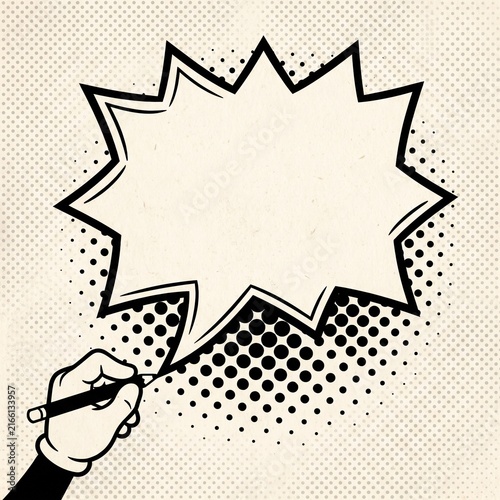 Vintage comic book style hand drawing a blank starburst speech bubble with halftone dot texture background