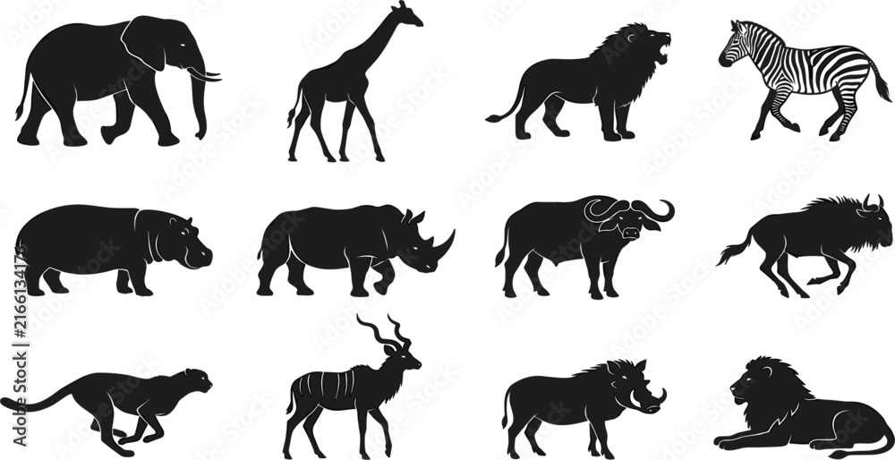 Fototapeta premium Set of black African safari wildlife silhouettes featuring elephants giraffes lions and other animals