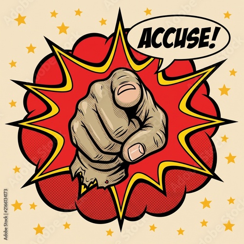 Comic book style illustration of a hand pointing forward with a speech bubble saying the word accuse