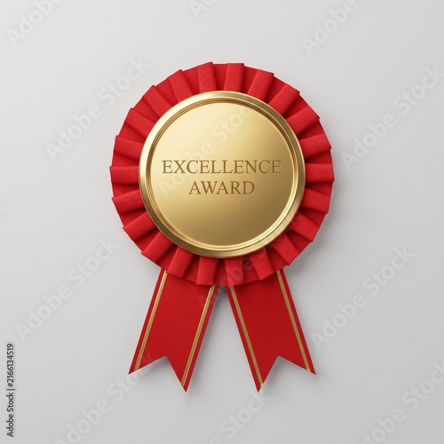 A gold excellence award rosette with red ribbon isolated on a plain white background for recognition