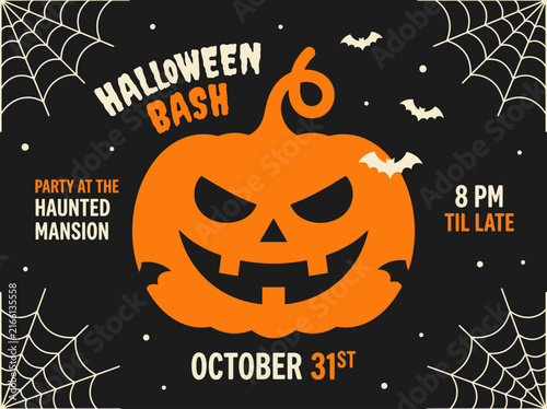 Obraz na plátně Halloween Bash Party Invitation Flyer with Scary Pumpkin, Bats, and Spider Webs