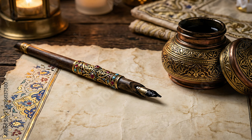 Antique calligraphy pen and ornate inkwell on vintage parchment paper for writing