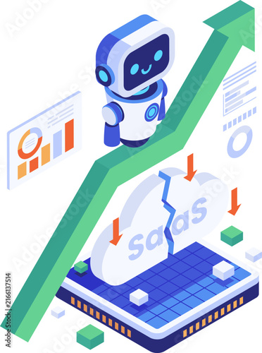 Isometric Robot Riding Rising Arrow with Broken SaaS Cloud Business