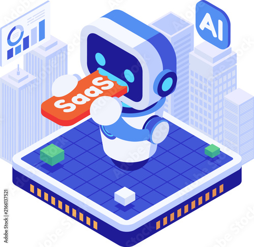 Isometric AI Disrupting SaaS Concept with Robot Consuming SaaS Symbol