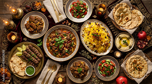 Traditional Eid al-Adha feast with Middle Eastern dishes and festive table setting