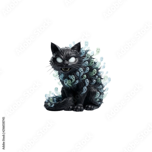 Giant Black Cat With Hollow White Eyes and Tiny Ghost Faces Emerging From Its Fur, scary Halloween 3D cartoon, sharp clean details, crisp vivid colors, on white background