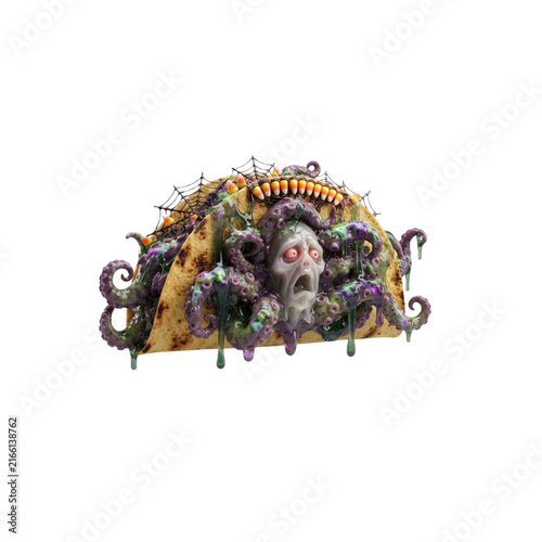Haunted Taco With Tentacle Filling and a Tiny Screaming Face, creepy Halloween 3D cartoon, sharp clean details, crisp vivid colors, on white background