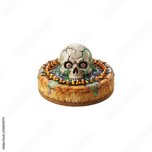 Creepy Halloween Cheese Cake With a Cracked Skull-Shaped Center, scary 3D cartoon food, sharp clean details, crisp vivid colors, on white background