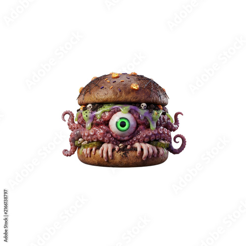Creepy Cheese Burger With an Eyeball Patty and Tentacle Pickles, bizarre Halloween food 3D cartoon, sharp clean details, crisp vivid colors, on white background