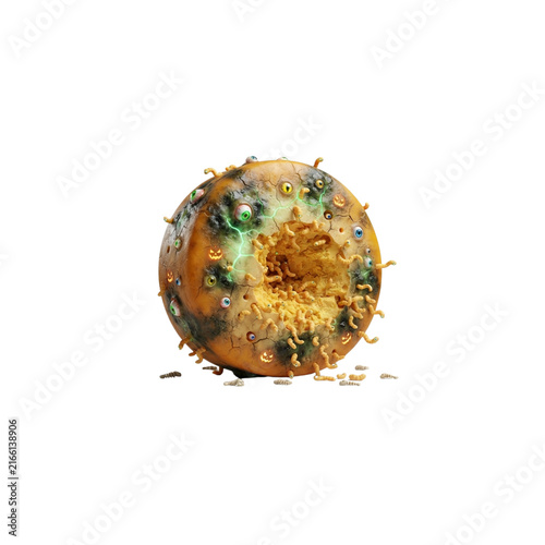 Haunted Cheese Wheel With Glowing Eyes and Tiny Worm-Shaped Cheese Pieces Crawling Out, surreal Halloween food 3D cartoon, sharp clean details, crisp vivid colors, on white background