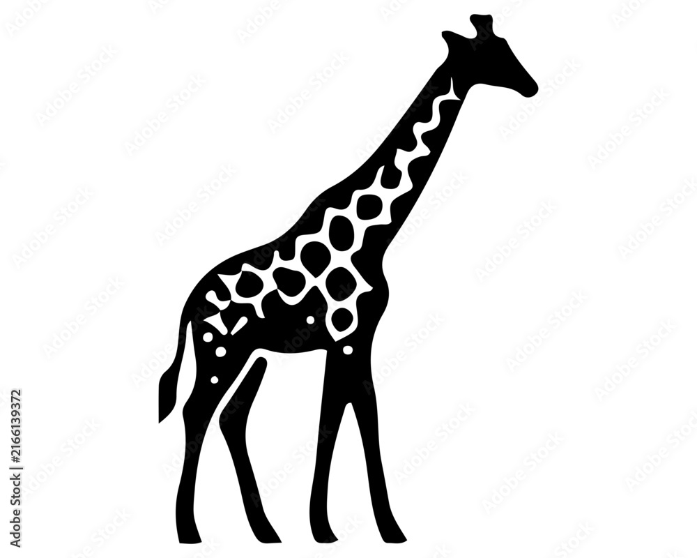 Obraz premium Silhouette of giraffe standing in minimalist black and white vector illustration for design projects