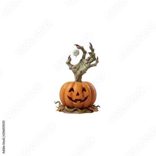 Monster Hand Growing From a Pumpkin and Holding a Tiny Floating Eyeball, bizarre Halloween 3D cartoon, sharp clean details, crisp vivid colors, on white background