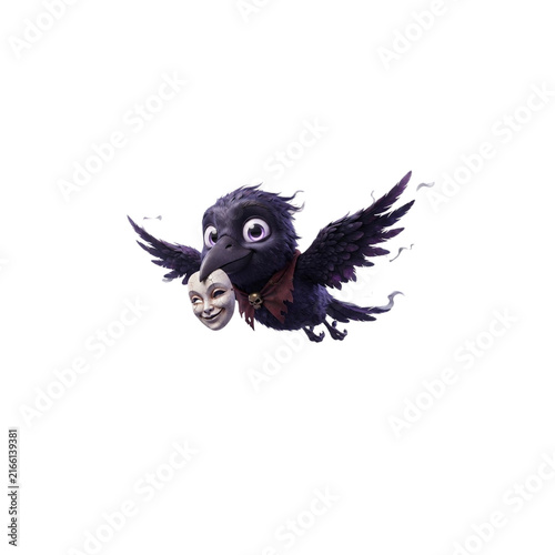 Haunted Crow Carrying a Tiny Human-Like Mask in Its Beak, dark Halloween 3D cartoon, sharp clean details, crisp vivid colors, on white background