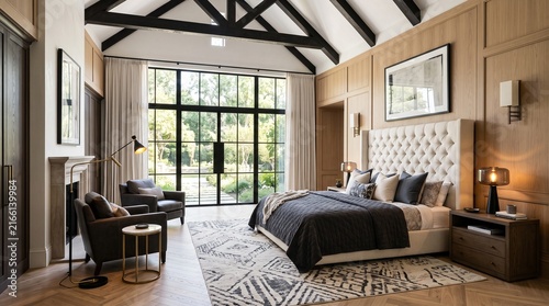 Luxury primary bedroom features a tall vaulted ceiling with exposed timber beams and large window doors that offer a natural view of the serene outdoor environment within this spacious sleeping