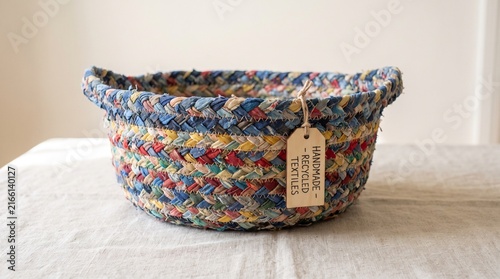 Handmade Storage Basket Woven from Colorful Recycled Fabric Strips