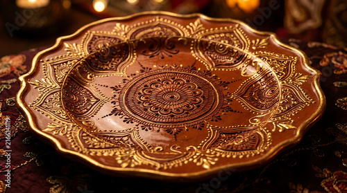 Decorative ceramic plate with intricate golden henna style patterns on dark background