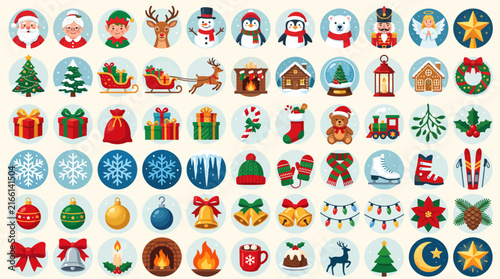 Christmas Vector Icon Set Holiday Symbols Flat Illustration Collection Santa Claus Reindeer Ornaments Winter Elements for Advent Calendar