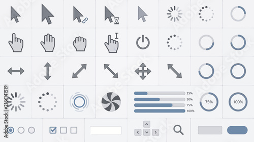 Vector UI Kit with Mouse Cursors Loading Spinners Progress Bars and Interface Elements for Web and App UX Design