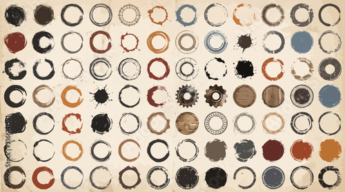 Vintage Grunge Circles Vector Set with Ink Splatters Coffee Stains and Distressed Circular Frames