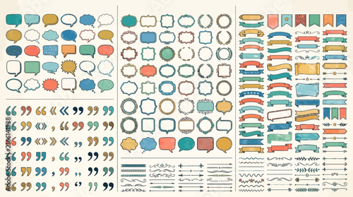 Mega Set of Hand Drawn Vector Elements with Vintage Speech Bubbles Ribbon Banners Quotation Marks Decorative Frames and Dividers