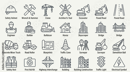 Construction and Civil Engineering Line Icons Vector Set with Heavy Machinery, Safety Gear, Infrastructure Symbols and Architectural Tools