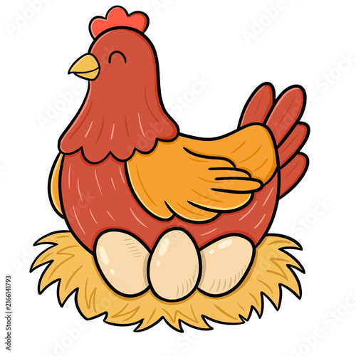фотографія Cute hen is brooding her eggs illustration